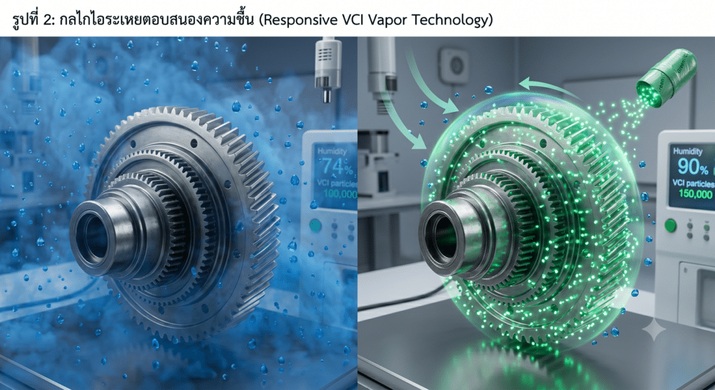 รูปที่ 2 กลไกไอระเหยตอบสนองความชื้น (Responsive VCI Vapor Technology)