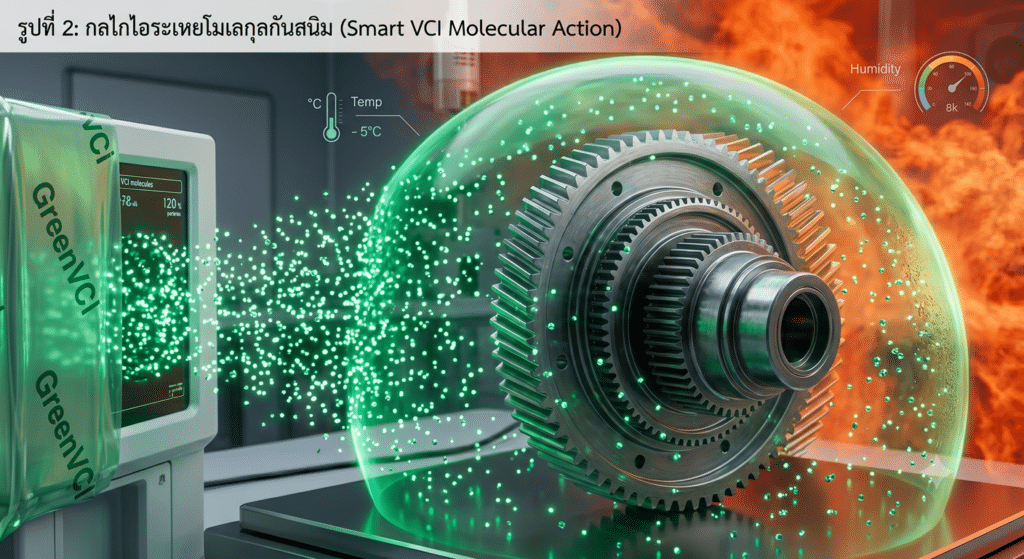 รูปที่ 2 กลไกไอระเหยโมเลกุลกันสนิม (Smart VCI Molecular Action)
