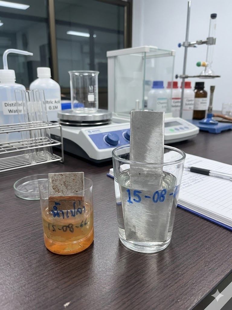 GVP100_เปรียบเทียบแผ่นโลหะที่แช่ในน้ำเปล่า-เทียบกับน้ำผสมสารป้องกันสนิม