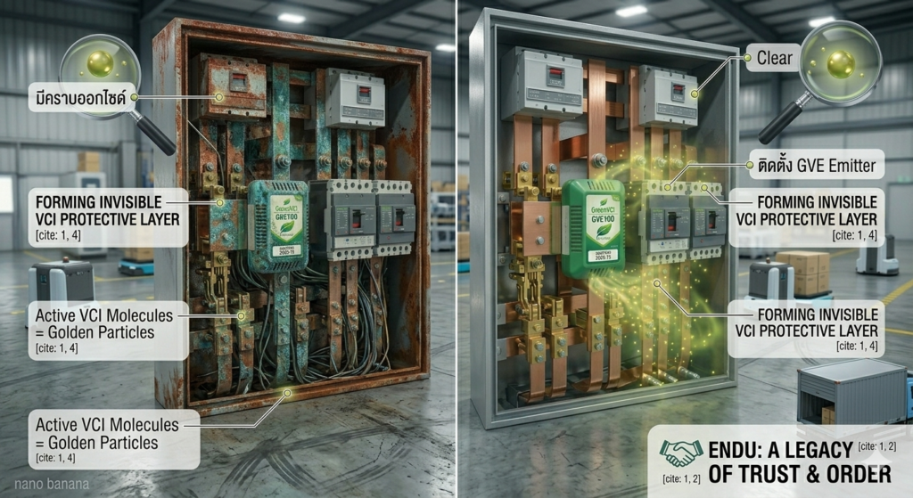 VCI Emitter GVE200 สำหรับตู้ MDB โซลาร์เซลล์", "การป้องกันออกไซด์ในตู้ควบคุมไฟฟ้าด้วย GreenVCI