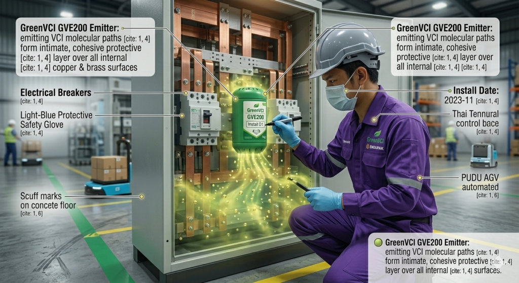 VCI Emitter GVE200 สำหรับตู้ MDB โซลาร์เซลล์", "การป้องกันออกไซด์ในตู้ควบคุมไฟฟ้าด้วย GreenVCI