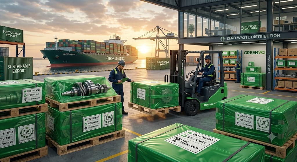 กล่องบรรจุภัณฑ์ชิ้นส่วนอุตสาหกรรมพร้อมป้ายสัญลักษณ์ ESG และ GreenVCI เตรียมส่งออกไปต่างประเทศ