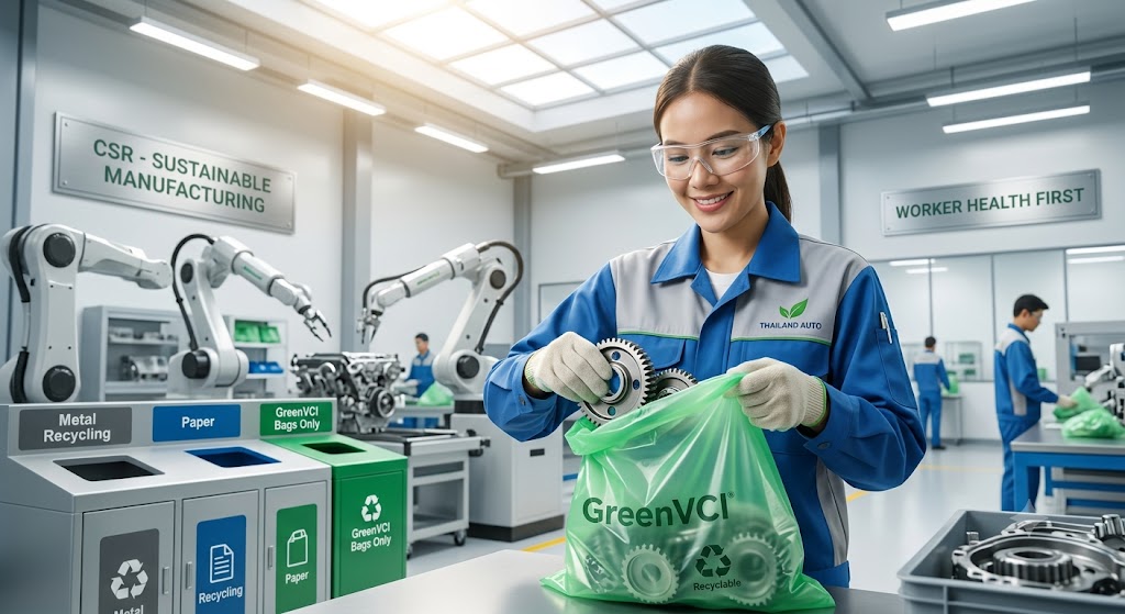 กล่องบรรจุภัณฑ์ชิ้นส่วนอุตสาหกรรมพร้อมป้ายสัญลักษณ์ ESG และ GreenVCI เตรียมส่งออกไปต่างประเทศ