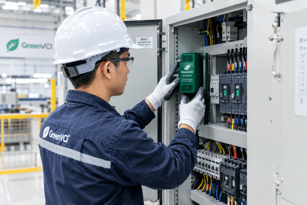 วิศวกรโรงงานกำลังลอกแถบกาวเพื่อติดตั้งตลับ GreenVCI Emitter ภายในตู้สวิตช์บอร์ดไฟฟ้า
