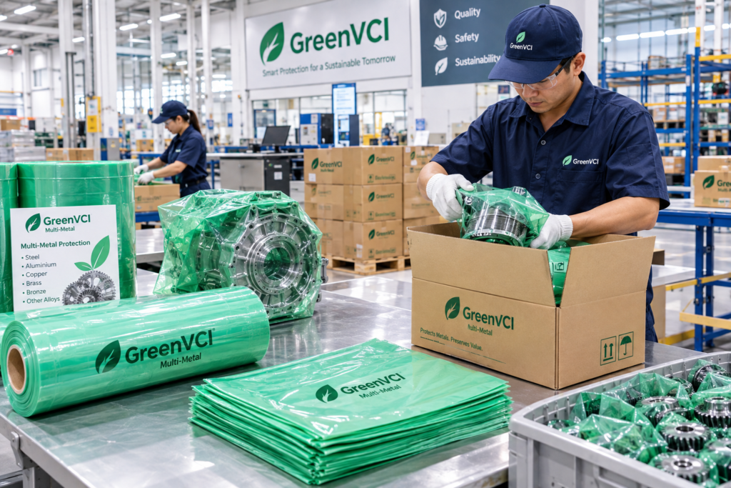 บรรจุภัณฑ์ฟิล์มและถุงกันสนิม GreenVCI Multi-Metal สำหรับไลน์แพ็คชิ้นส่วนเครื่องจักรกลรวม