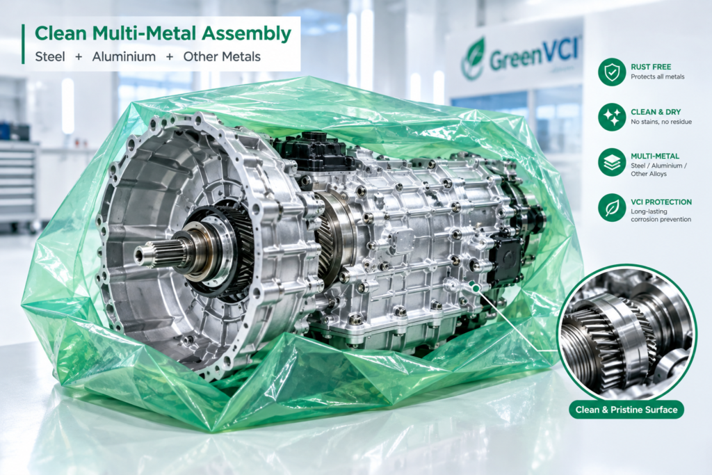 เปรียบเทียบชิ้นส่วนโลหะหลายชนิดที่ปกป้องด้วย GreenVCI Multi-Metal กับชิ้นงานที่เกิดคราบด่างจากการใช้สูตรผิด