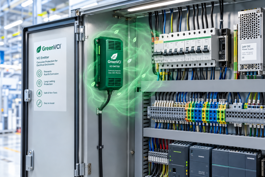 การติดตั้งตลับปล่อยไอระเหย GreenVCI Emitter ภายในตู้ควบคุมระบบไฟฟ้าโรงงาน