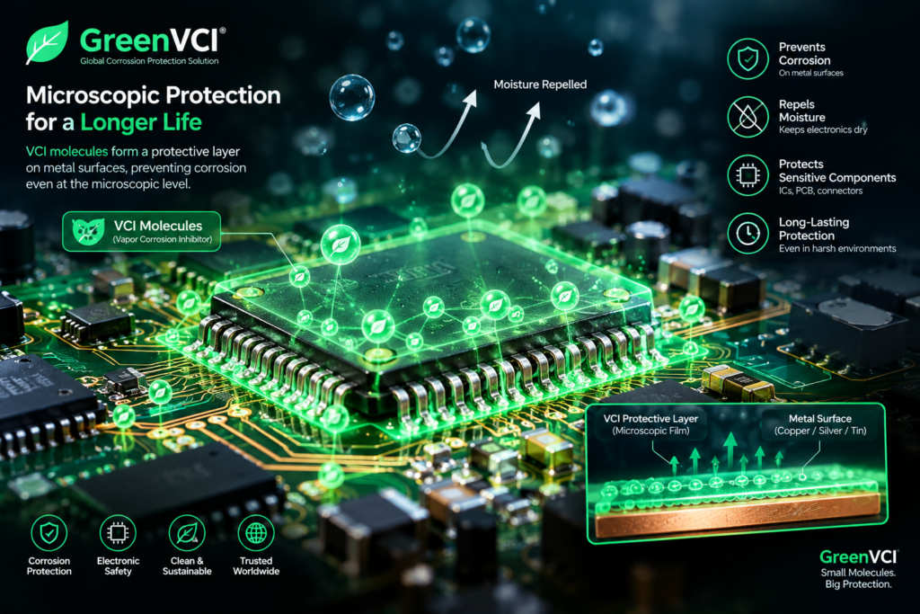 โมเลกุล GreenVCI ระเหยเข้าเคลือบป้องกันสนิมบนแผงวงจรอิเล็กทรอนิกส์ PCB และหน้าสัมผัสทองแดง