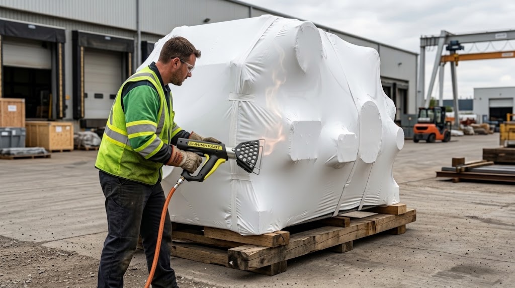 ขั้นตอนการใช้ปืนความร้อนเป่าฟิล์มหด LDPE ให้แนบสนิทกับโครงสร้างเพื่อกักเก็บไอระเหย VCI
