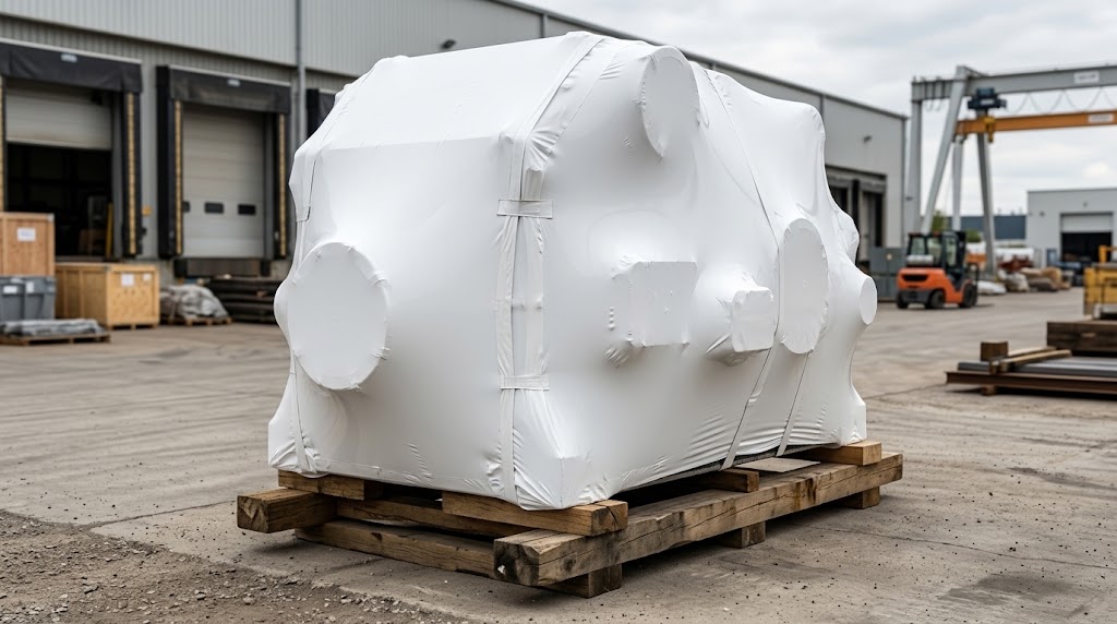 การปกป้องเครื่องจักรขนาดใหญ่ด้วยฟิล์มหด LDPE และซองปล่อยไอระเหย GreenVCI ด้านในสำหรับการจัดเก็บระยะยาว