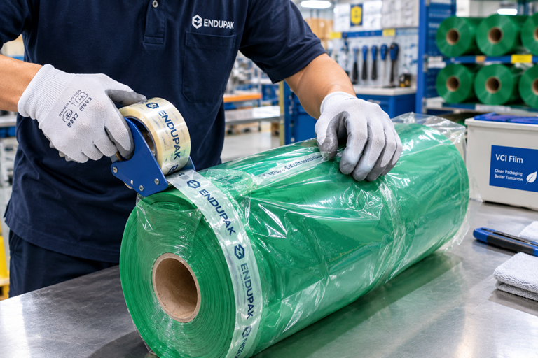 พนักงานคลังสินค้าปิดผนึกปลายม้วน GreenVCI ด้วยพลาสติกและเทปหลังจากการแบ่งใช้งานเสร็จสิ้น